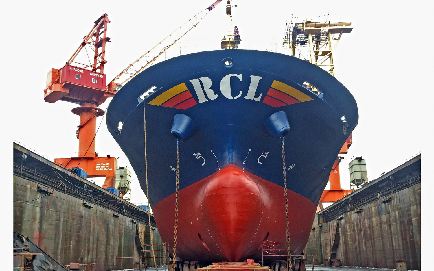 Bow of a container vessel in dry dock during steel and coating work