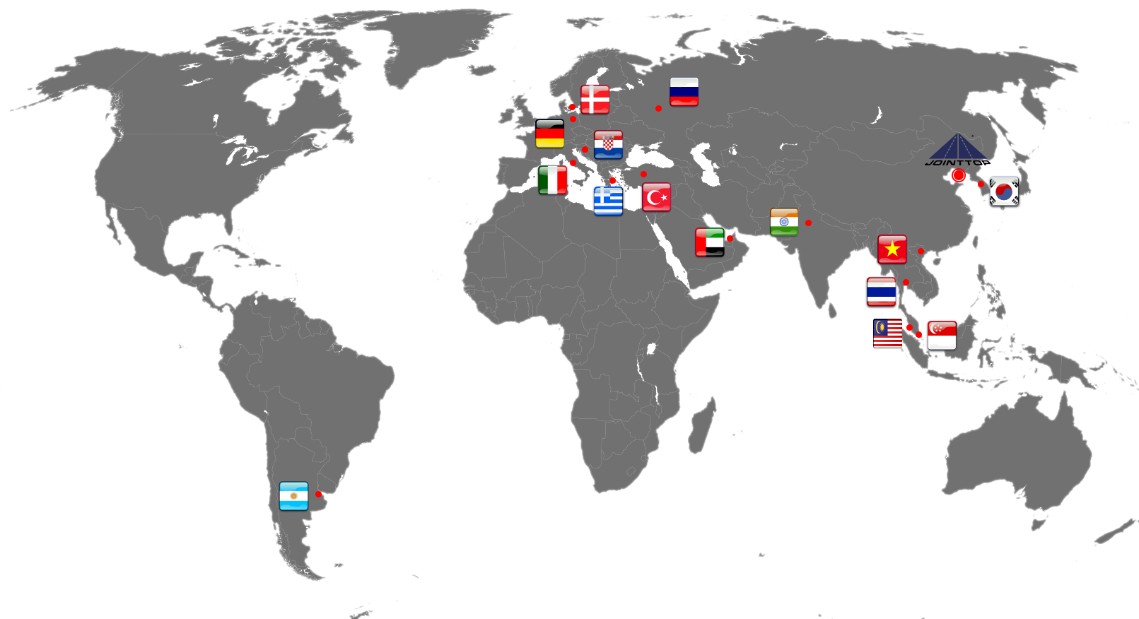 World map showing JOINTTOP customers in sixteen flag states